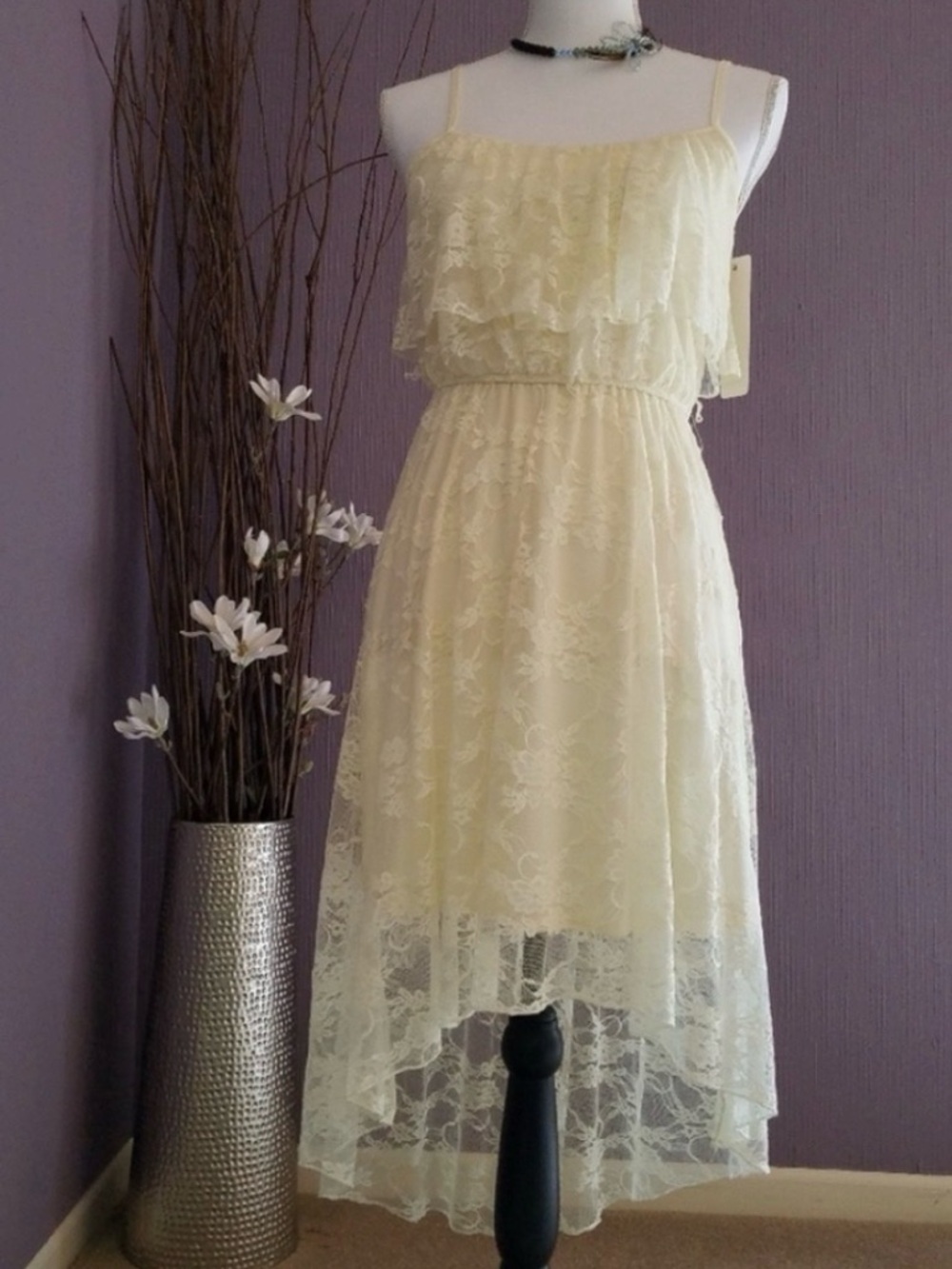 Off-White Lace Strappy Ruffle High-Low Dress NWT